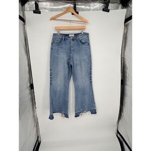 Flying Monkey High Rise Flare Jeans 30 Blue Distressed Raw Hem Boho Coastal